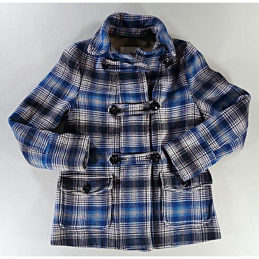 Old Navy Women's Plaid Peacoat Coat Wool Blend Button Pockets Blue/White M